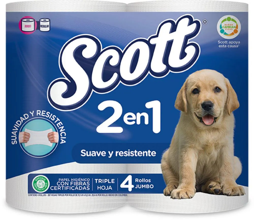 Papel Higiénico Scott 2 en 1 Triple Hoja x4 Rollos